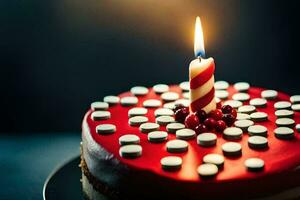 uma vermelho bolo com uma aceso vela. gerado por IA foto