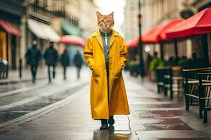 uma gato vestindo uma amarelo casaco e caminhando baixa uma rua. gerado por IA foto