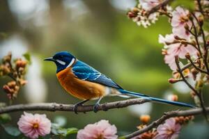 uma azul e laranja pássaro sentado em uma ramo. gerado por IA foto