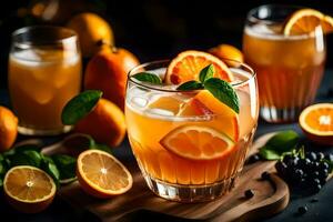 laranja suco com fresco fruta e hortelã folhas. gerado por IA foto