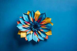 uma colorida papel flor em uma azul fundo. gerado por IA foto