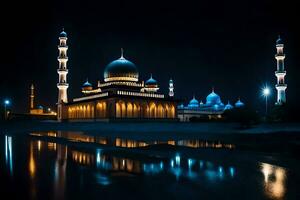 uma mesquita aceso acima às noite com Está luzes refletindo dentro a água. gerado por IA foto