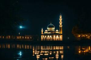 uma mesquita aceso acima às noite com uma lua dentro a céu. gerado por IA foto