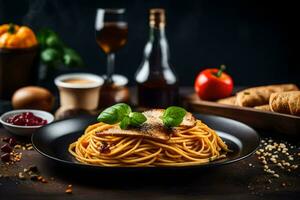 espaguete com carne e legumes em uma Preto placa. gerado por IA foto