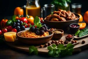 uma mesa com Comida e bebidas Incluindo fruta, nozes e legumes. gerado por IA foto