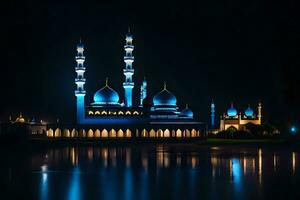 uma azul mesquita aceso acima às noite com luzes. gerado por IA foto