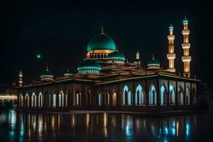 a mesquita às noite com a lua dentro a céu. gerado por IA foto