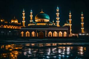 a mesquita às noite com Está luzes sobre. gerado por IA foto