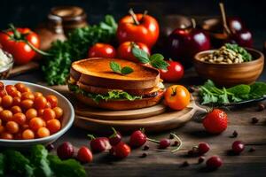 uma sanduíche com tomates, alface e de outros legumes. gerado por IA foto