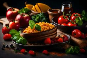 uma tigela do massa com fresco fruta e legumes. gerado por IA foto