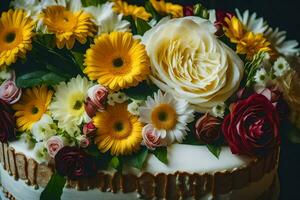 uma Casamento bolo com flores em topo. gerado por IA foto