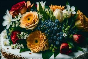 uma bolo com flores e bagas em isto. gerado por IA foto