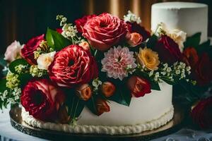 uma Casamento bolo com vermelho e laranja flores gerado por IA foto
