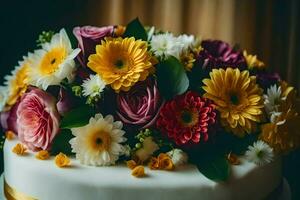 uma Casamento bolo com colorida flores gerado por IA foto