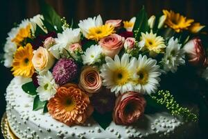 uma Casamento bolo com colorida flores em topo. gerado por IA foto