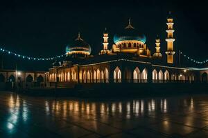 uma mesquita aceso acima às noite com luzes. gerado por IA foto