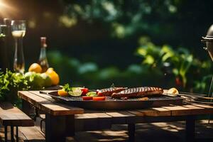 uma grade em uma mesa com legumes e fruta. gerado por IA foto
