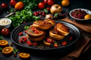 biscoitos em uma Preto prato com legumes e ervas. gerado por IA foto