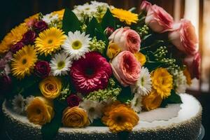 uma Casamento bolo com colorida flores gerado por IA foto