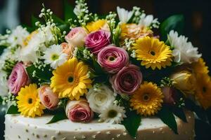 uma branco bolo com amarelo e Rosa flores gerado por IA foto