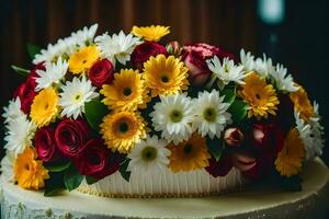 uma Casamento bolo com amarelo, vermelho e branco flores gerado por IA foto