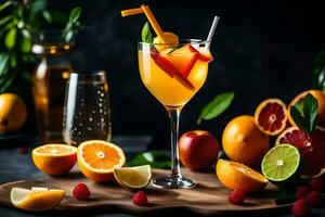 laranja suco coquetel com fresco frutas em uma de madeira mesa. gerado por IA foto