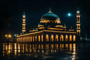 a mesquita às noite com a lua dentro a céu. gerado por IA foto