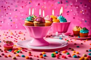 aniversário bolo com velas em uma Rosa fundo. gerado por IA foto