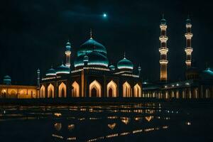 a mesquita às noite com luar refletindo fora a água. gerado por IA foto