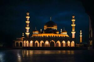 a mesquita às noite com a luzes sobre. gerado por IA foto