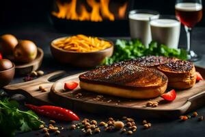 grelhado bife com queijo e legumes em uma de madeira corte borda. gerado por IA foto