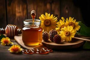 mel, girassóis, e favo de mel em uma de madeira mesa. gerado por IA foto