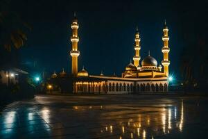 a mesquita às noite com a luzes sobre. gerado por IA foto