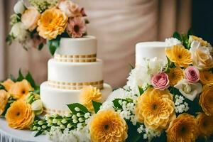 uma Casamento bolo com amarelo e laranja flores gerado por IA foto