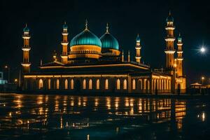 a mesquita às noite com a lua dentro a fundo. gerado por IA foto