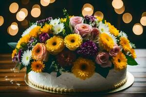 uma bolo com colorida flores em topo do uma de madeira mesa. gerado por IA foto