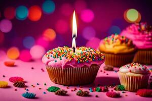 aniversário velas e bolos de copo em uma Rosa fundo. gerado por IA foto