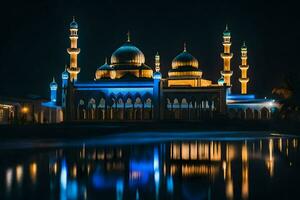 a mesquita às noite com azul luzes. gerado por IA foto