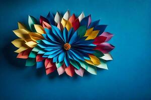 uma colorida flor fez Fora do papel em uma azul muro. gerado por IA foto
