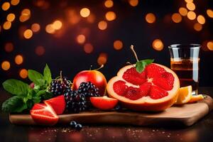 fruta e beber em uma de madeira mesa com luzes. gerado por IA foto