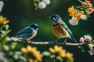 dois pássaros sentado em uma ramo com flores gerado por IA foto