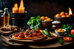 Comida em uma de madeira borda com velas e de outros ingredientes. gerado por IA foto