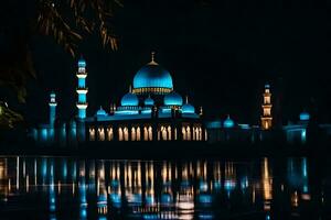 uma azul mesquita aceso acima às noite com água reflexão. gerado por IA foto
