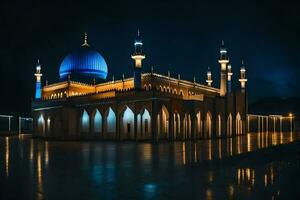 a mesquita às noite com azul luzes. gerado por IA foto