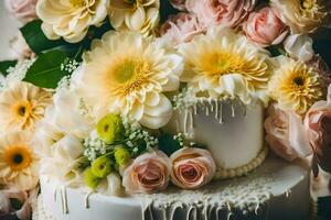 uma Casamento bolo com flores e pinga. gerado por IA foto