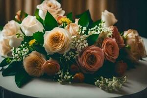 uma ramalhete do flores em uma mesa. gerado por IA foto