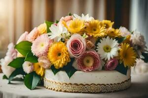 uma Casamento bolo com flores em topo. gerado por IA foto