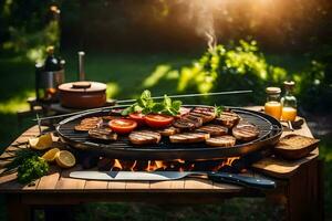 grelhado carne em uma grade dentro a jardim. gerado por IA foto