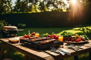 uma mesa com Comida e utensílios em isto dentro a Sol. gerado por IA foto