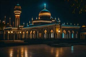 a mesquita às noite com luzes sobre. gerado por IA foto